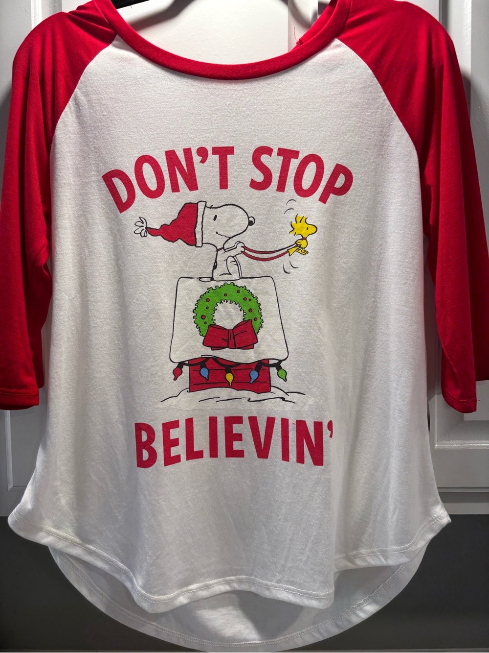 Snoopy Red & White 'Don't Stop Believin'' Graphic Raglan Top